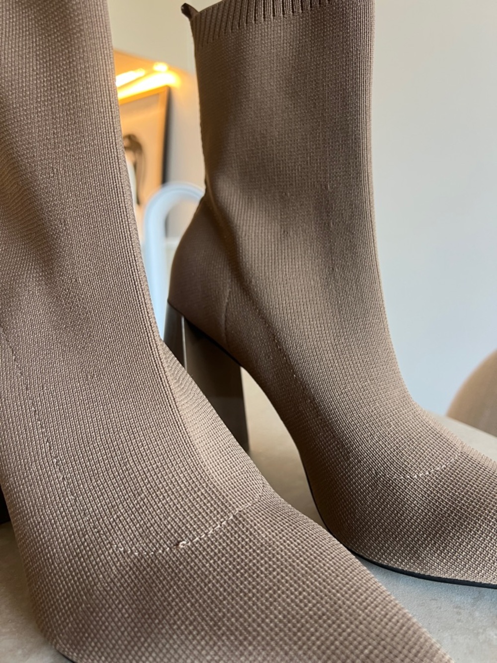 Zara Knit Sock Pointed-Toe Block Heel Ankle Boots - Brown 38 - Picture 3 of 6